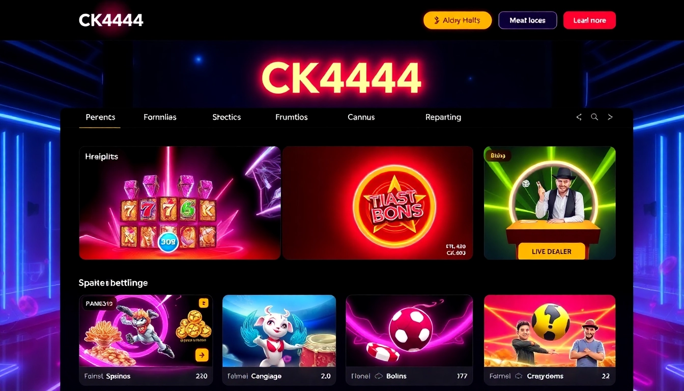 Engaging visual of CK4444 net online gaming platform showcasing slots, live dealer, and sports betting in high-quality graphics for accessibility.