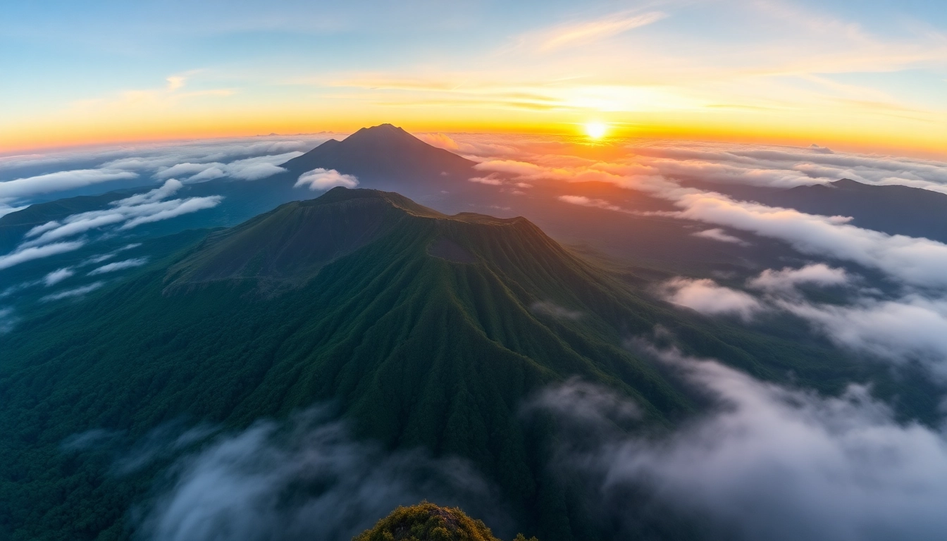 Hiking adventure on Mount Rinjani with stunning volcanic landscape and lush surroundings, inviting explorers to experience Indonesia's natural beauty.