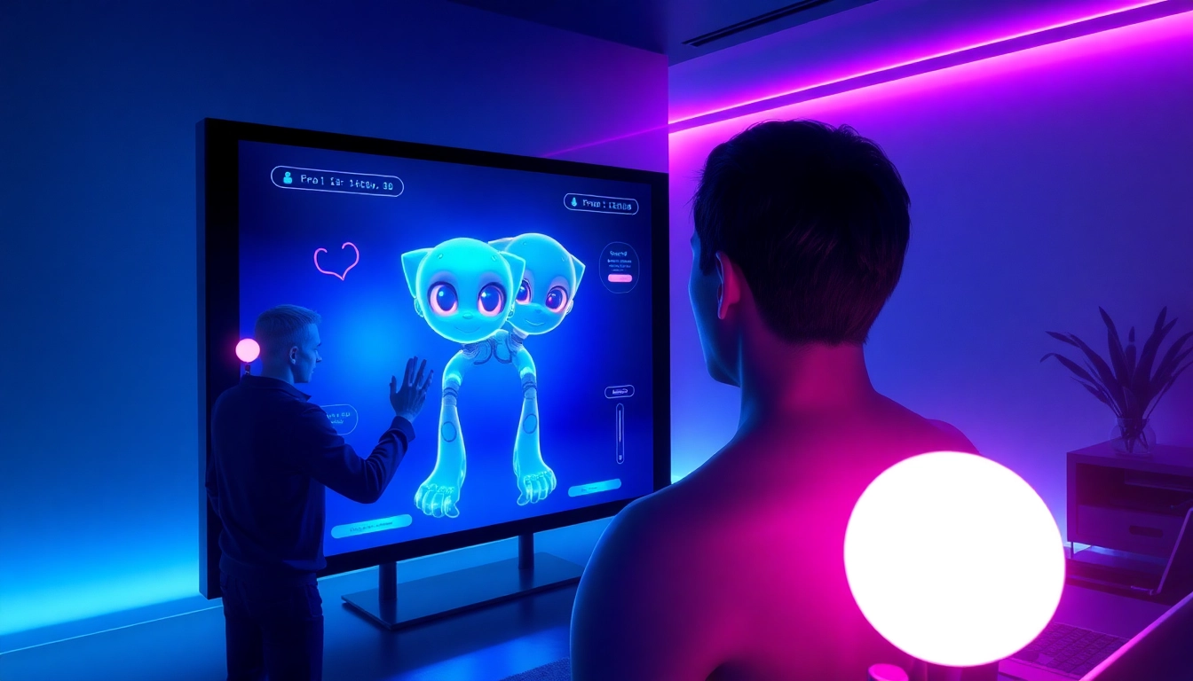 Futuristic digital scene of a person interacting with an expressive AI character on a large screen in a dimly lit room.