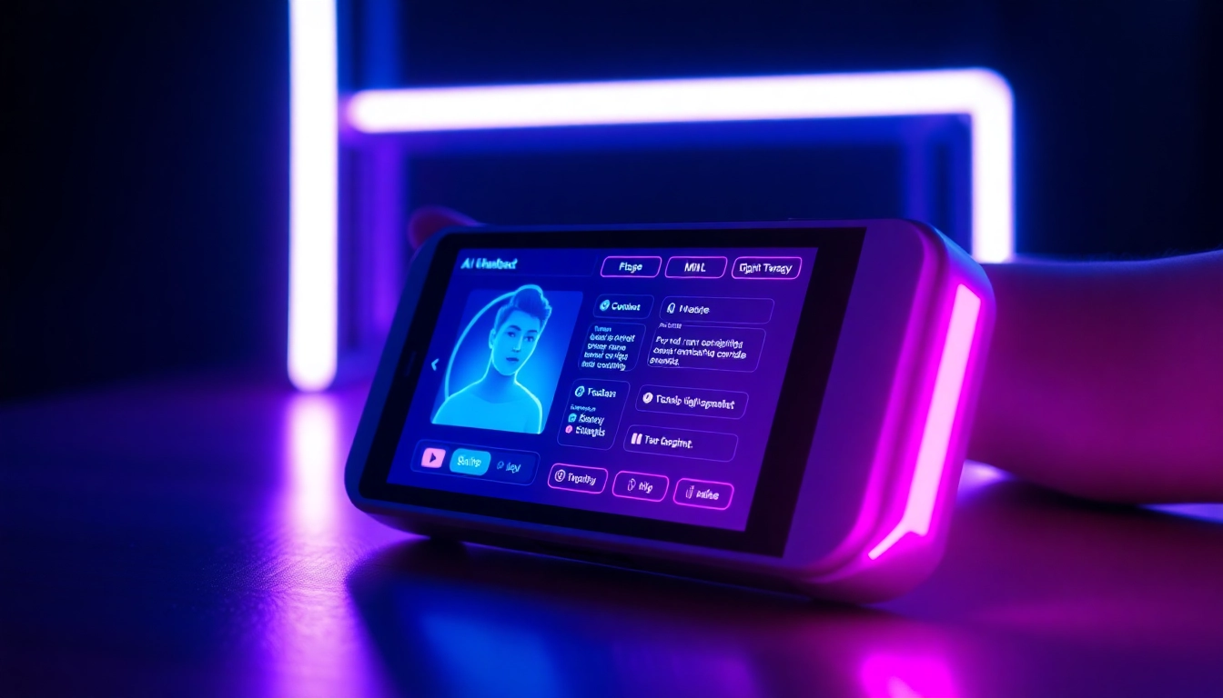 Futuristic AI chatbot interface with neon lighting and customizable character profile on a digital device.