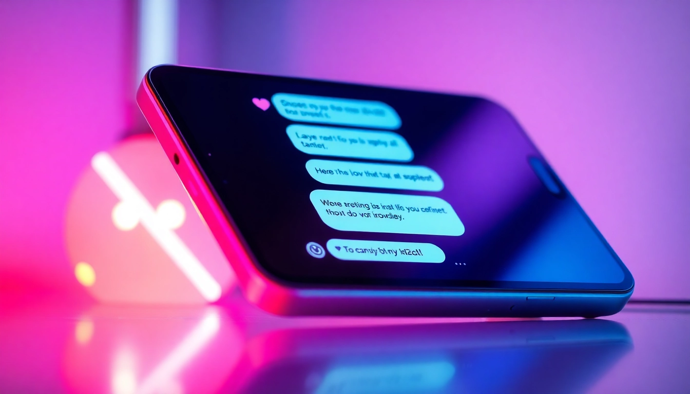 Close-up of a smartphone screen displaying a flirtatious AI chat in vibrant neon colors.