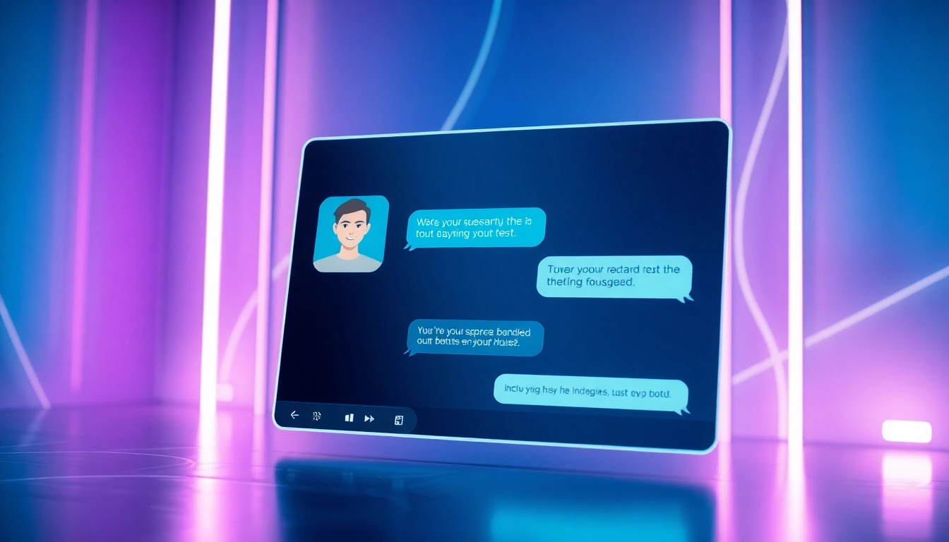 Futuristic AI chat interface with customizable character avatar and glowing design elements.