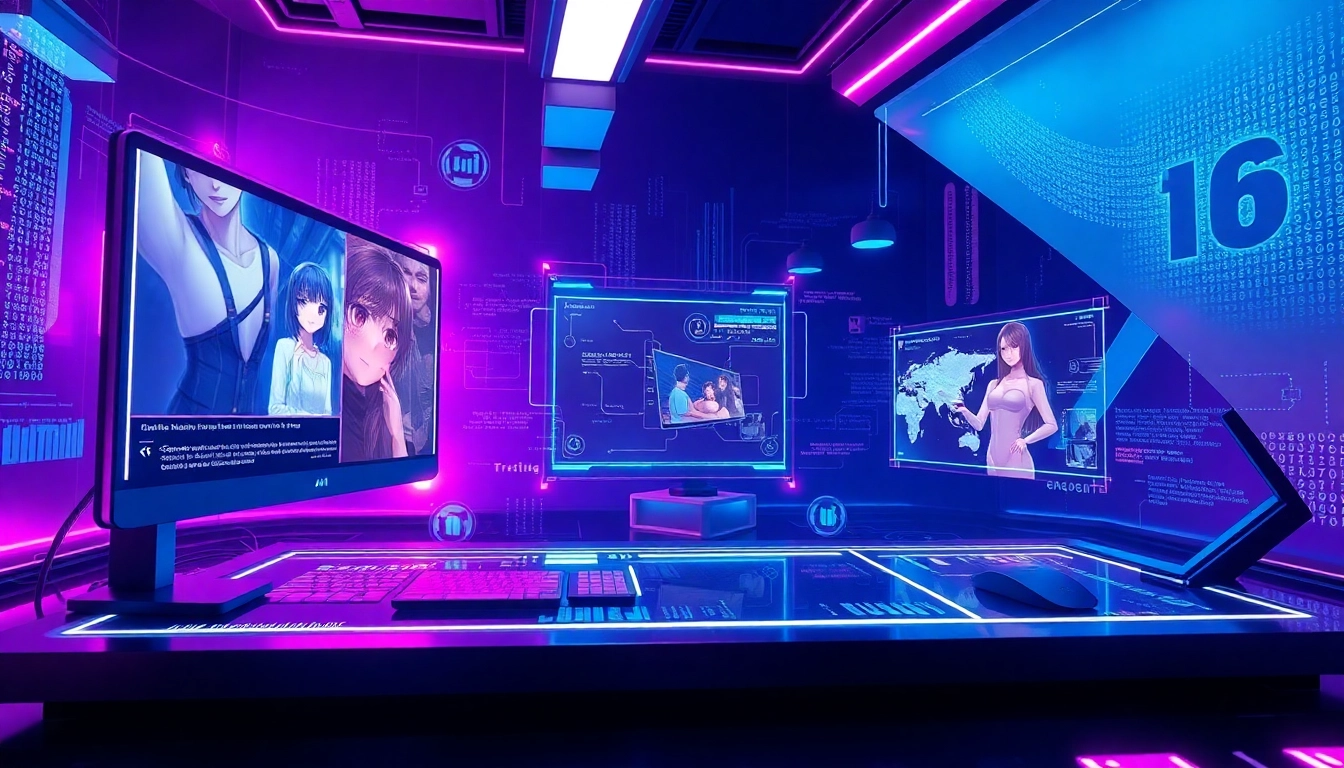 Futuristic AI content creation interface with holographic displays and neon lighting