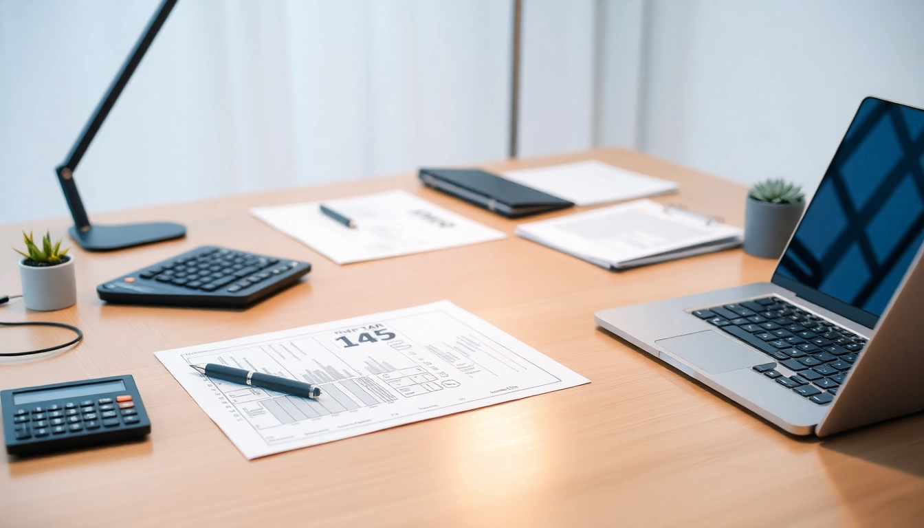 Comprehensive tax guide visual with documents, calculator, and laptop on a professional desk