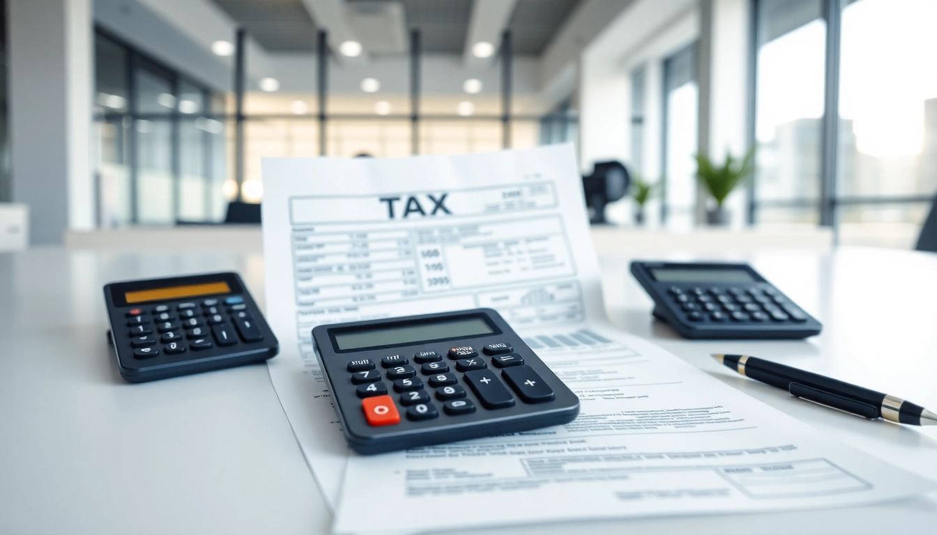 Detailed Tax Guide document with calculator and financial charts, illustrating professional tax