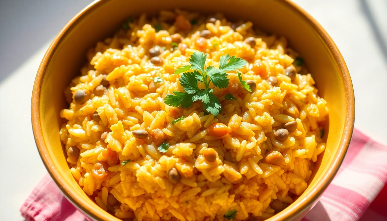 Healthy ready to eat dal khichdi served in a bowl with herbs, showcasing convenience and flavor